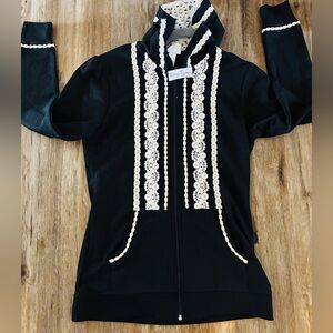 PEEK A BOO CHIC Black Zip Hoodie with Lace Detailing. Size Small. NWT.